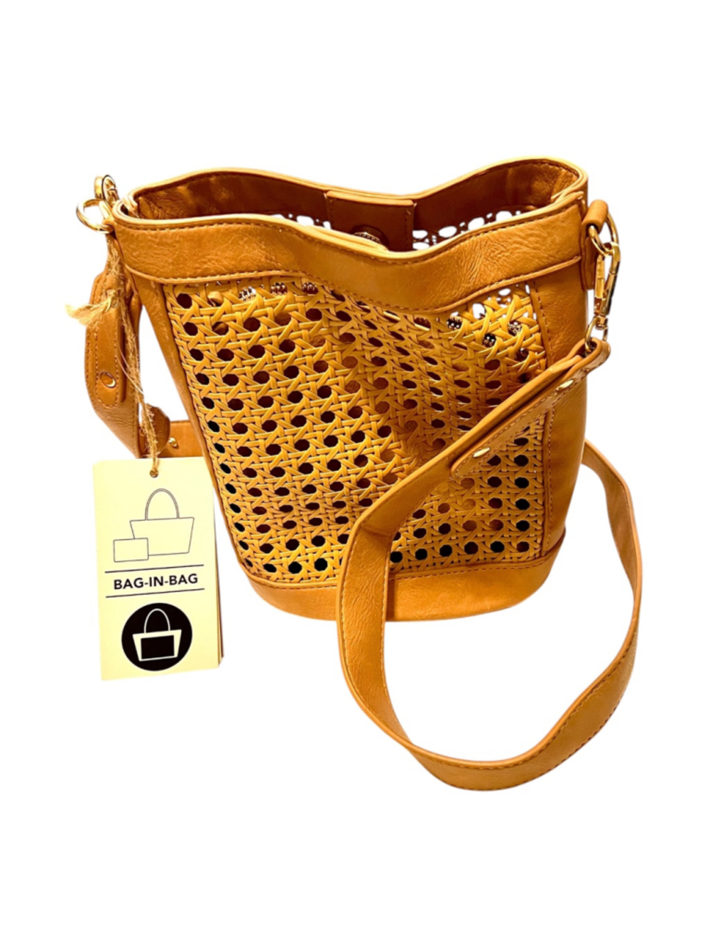 Anti Kraft Vegan Leather “Bag in Bag” Woven Bucket Bag in camel color